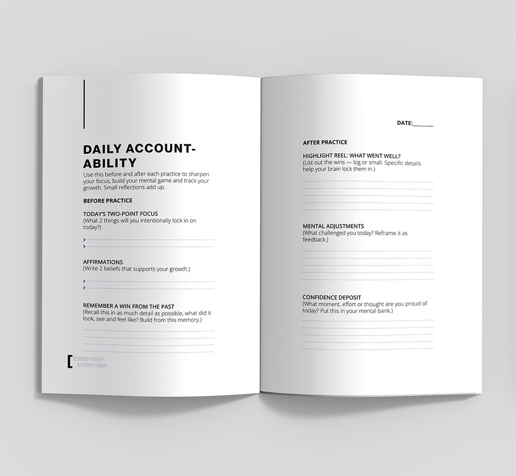 Open book with daily account-ability practice on a gray background