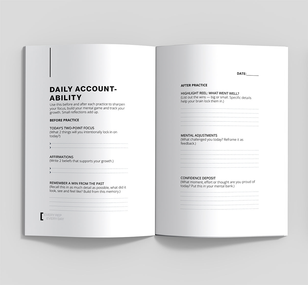 Open book with daily account-ability practice on a gray background