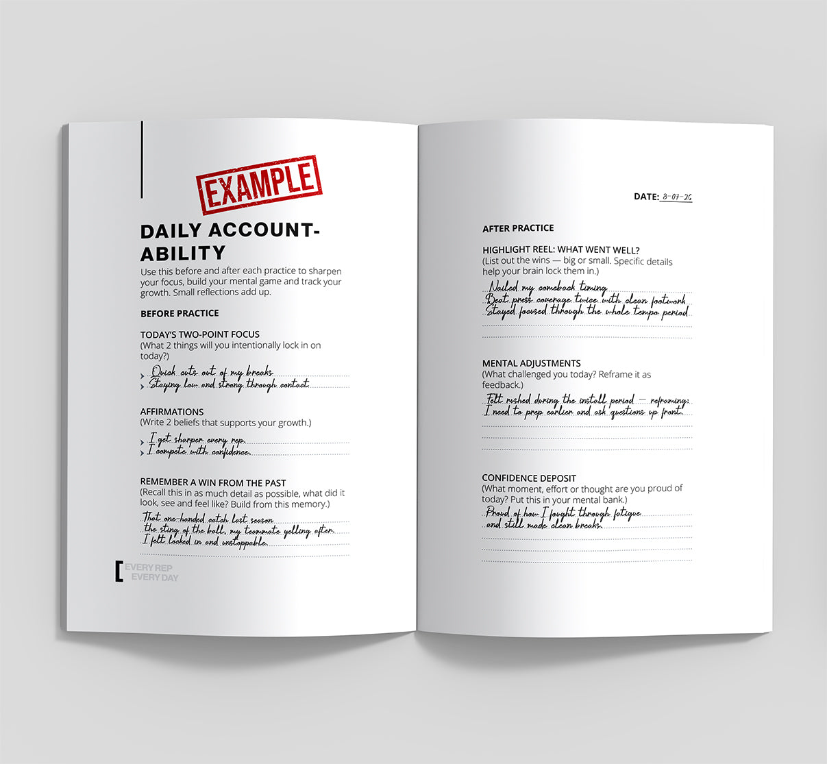 Open book showing a daily account-ability template with text and a red stamp on a gray background