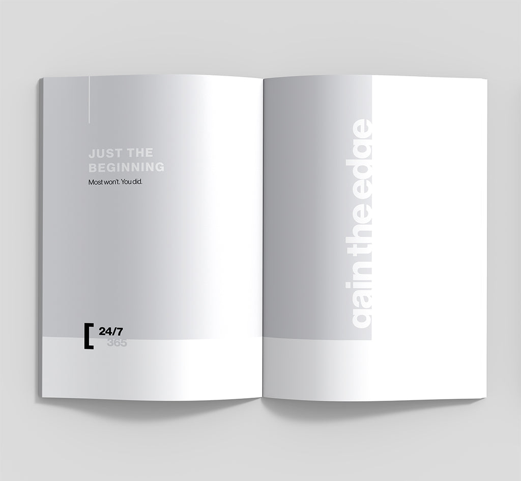 Open book with text and branding on a light gray background
